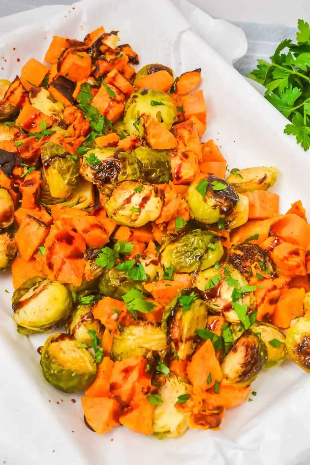 Roasted Sweet Potatoes with Brussel Sprouts