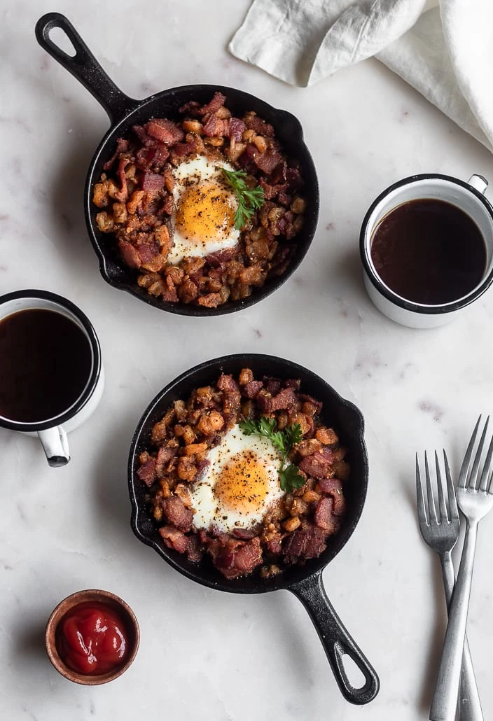 Bacon Hash Skillet With Runny Eggs & Harissa