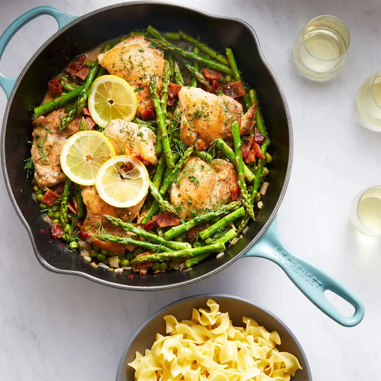 One Skillet Chicken Thighs With Asparagus And Peas