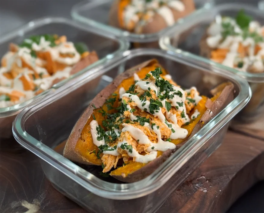 Buffalo Chicken Stuffed Sweet Potatoes