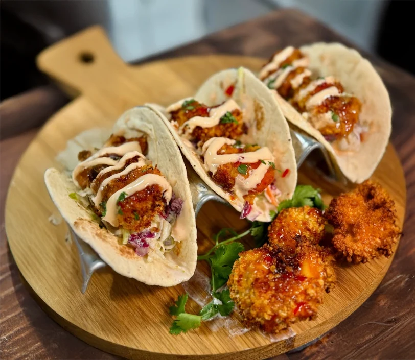 High Protein Bang Bang Shrimp Tacos