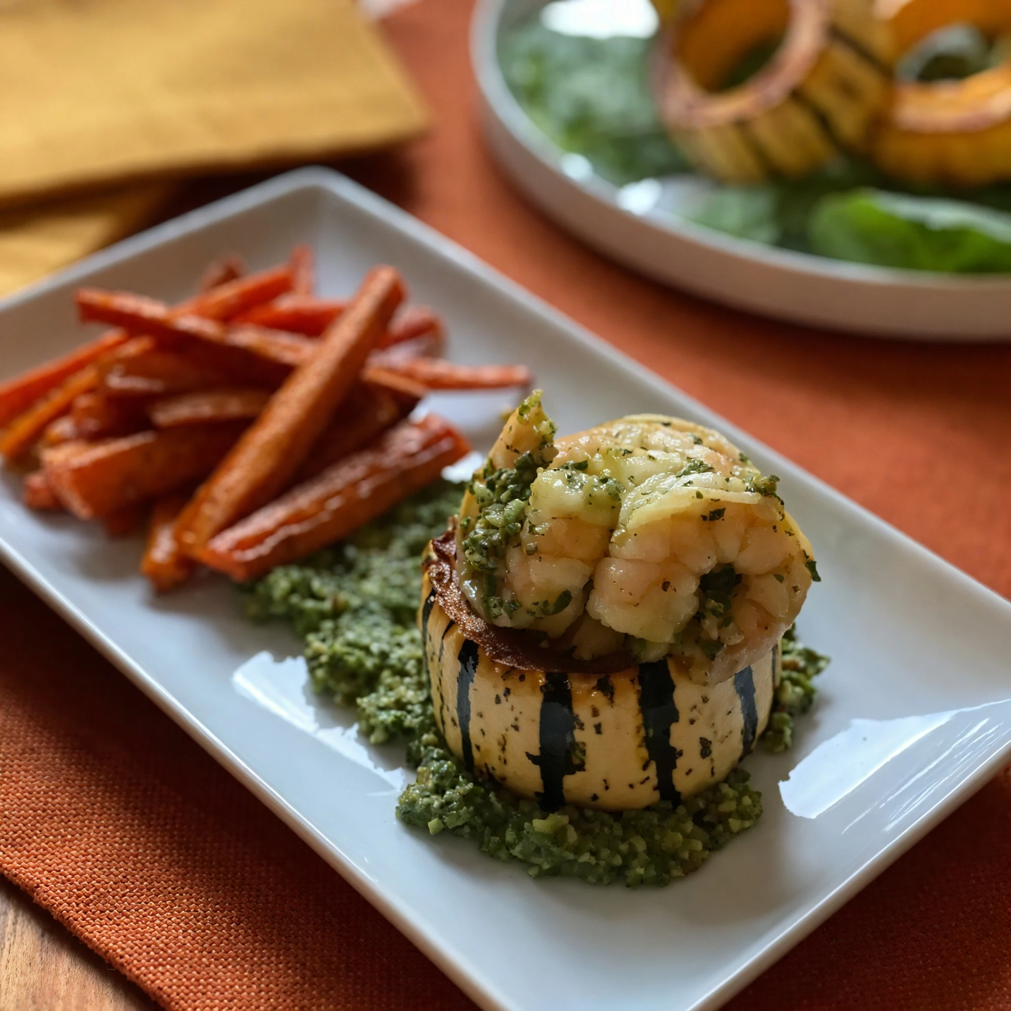 Roasted Delicata Squash Stuffed with Shrimp & Baby Kale Pesto