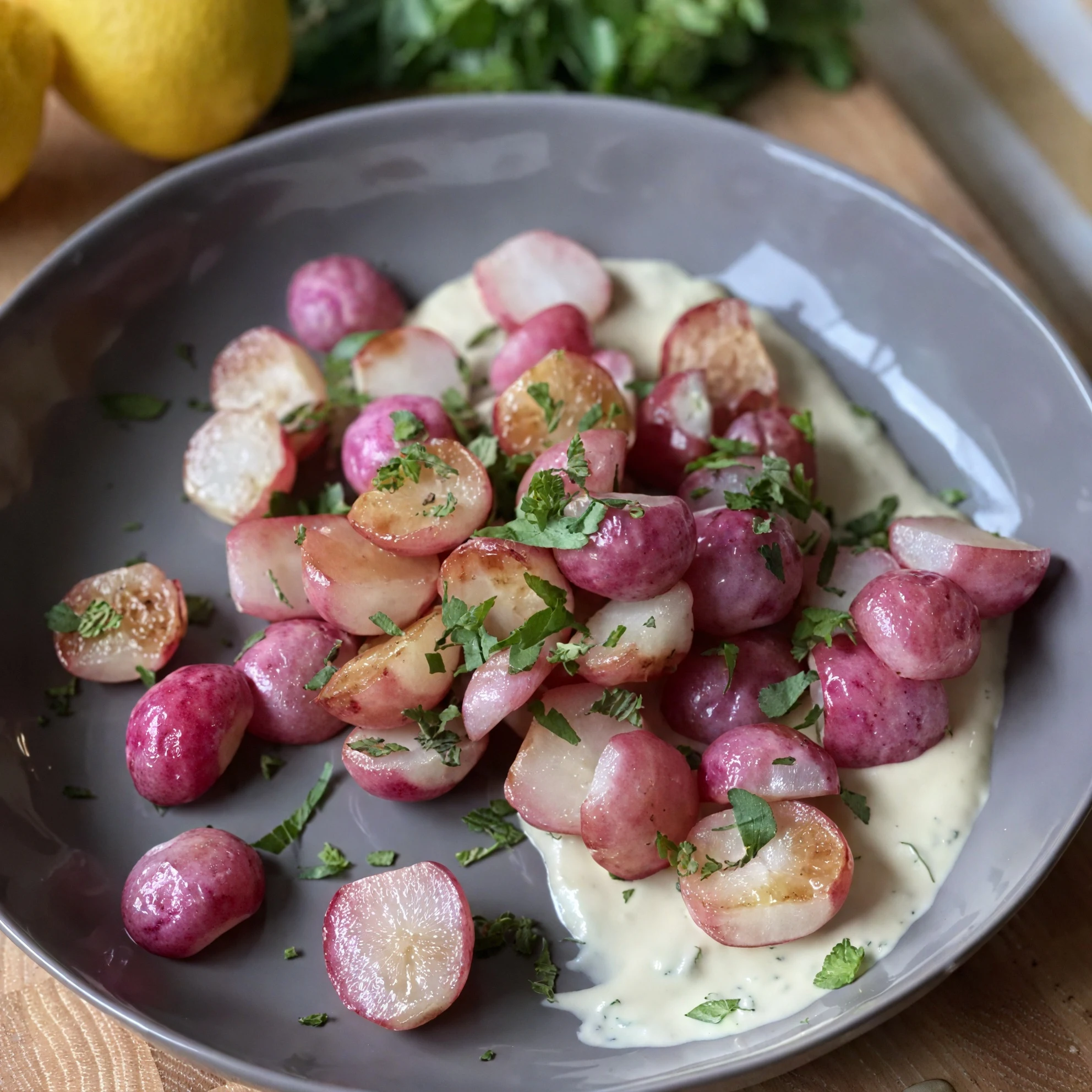 Roasted Radishes with Tahini Herb Sauce