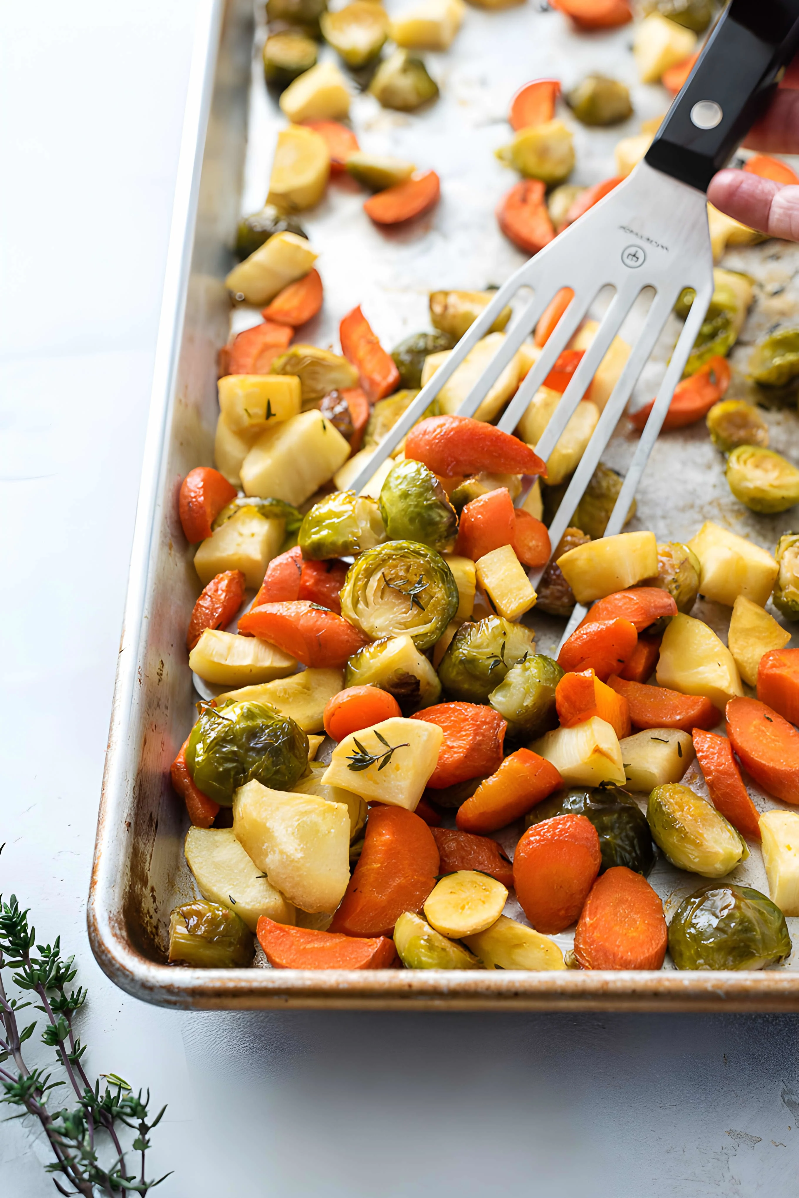 Maple Thyme Roasted Brussels Sprouts, Carrots and Parsnips