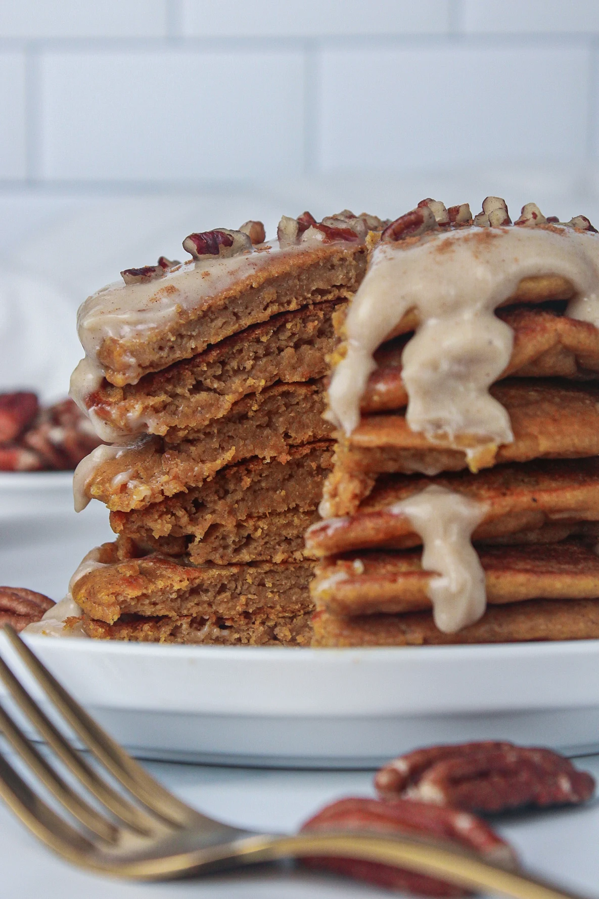 Pumpkin Protein Pancakes with Maple Cream Cheese Glaze (Vegan)