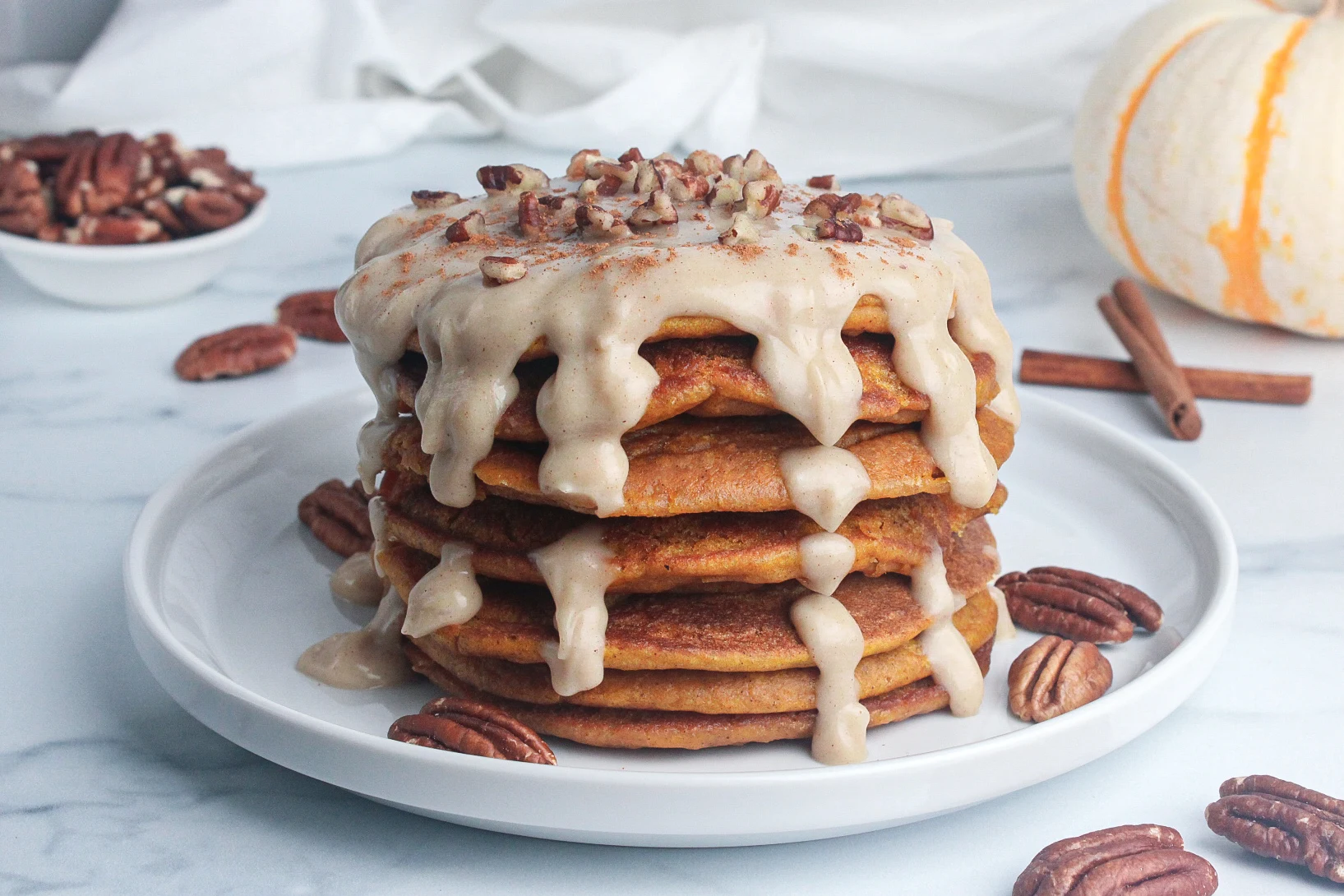 Pumpkin Protein Pancakes with Maple Cream Cheese Glaze (Vegan)