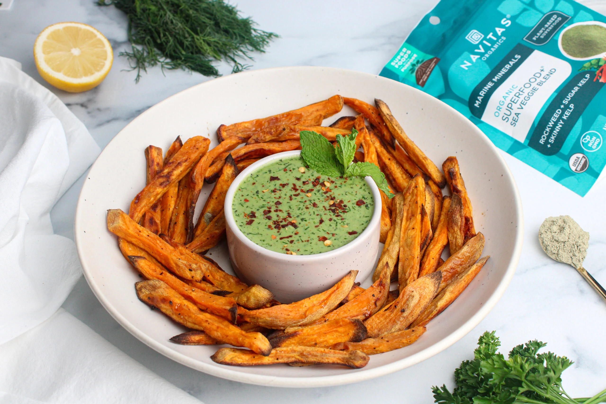 Baked Sweet Potato Fries with Green Goddess Dip