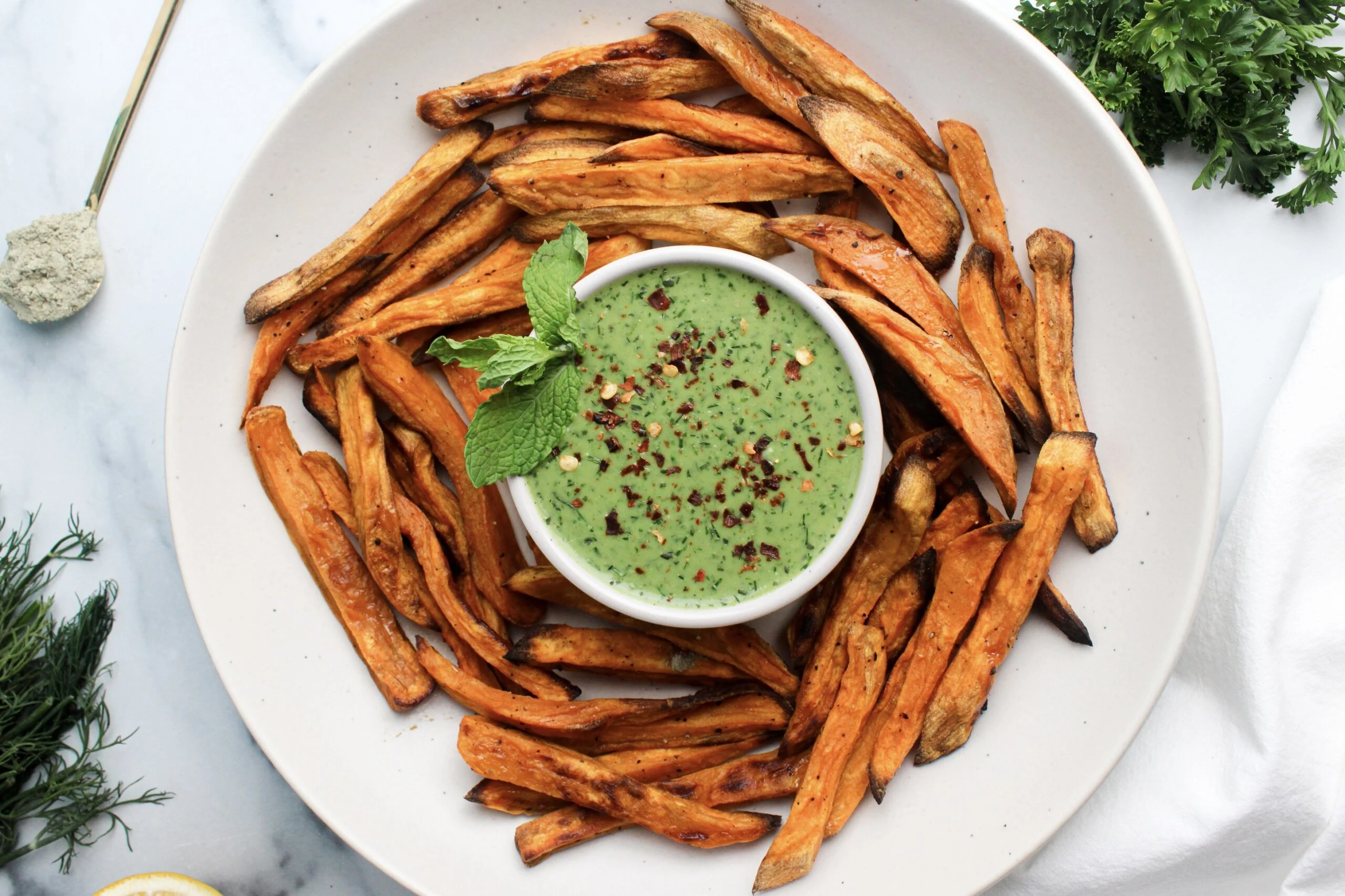 Baked Sweet Potato Fries with Green Goddess Dip