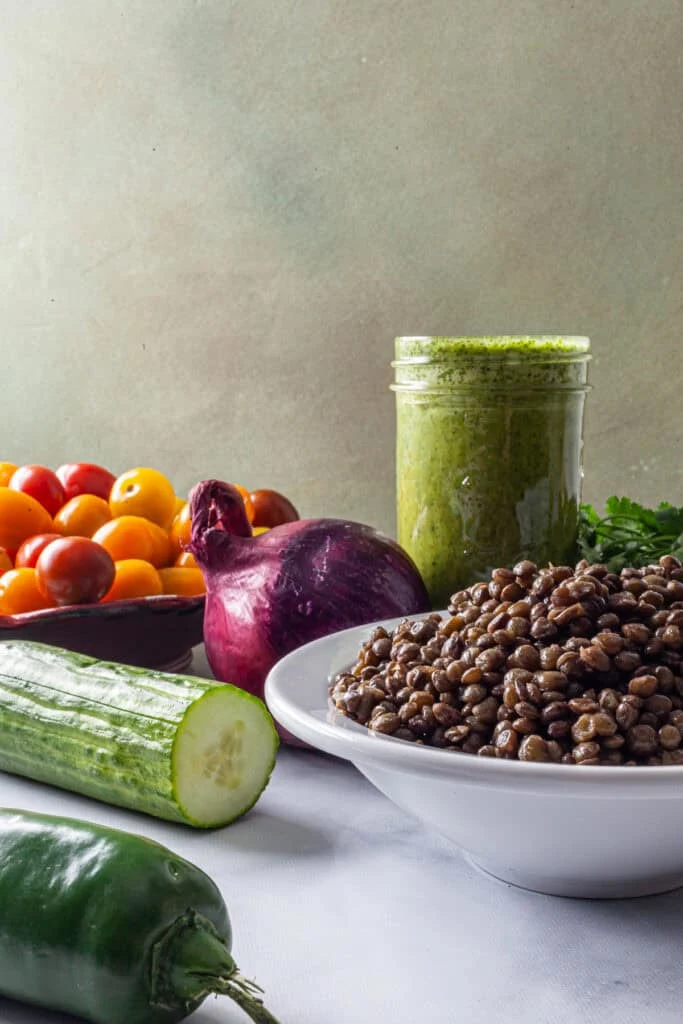 Lentil Salad with Avocado, Cherry Tomato, and Lime Cilantro Vinaigrette