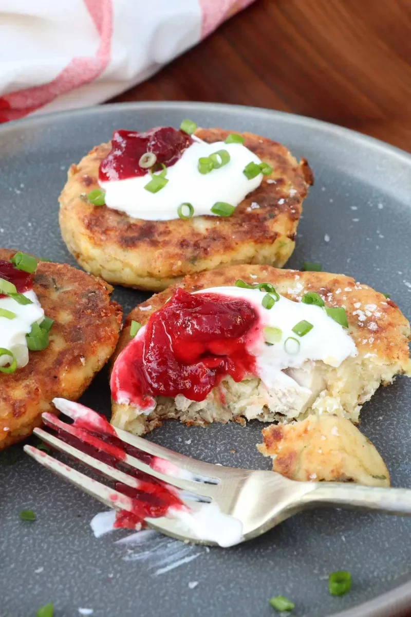 Loaded Mashed Potato Cakes with Leftover Turkey and Sides