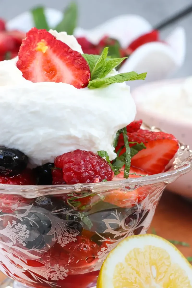 Berries and Cream with Mint and Honey Lemon Syrup