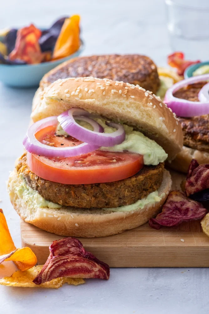 Lentil Chickpea Burgers with Avocado Yogurt Sauce
