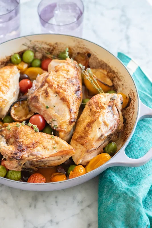 Roast Chicken with Caramelized Lemons, Cherry Tomatoes and Olives