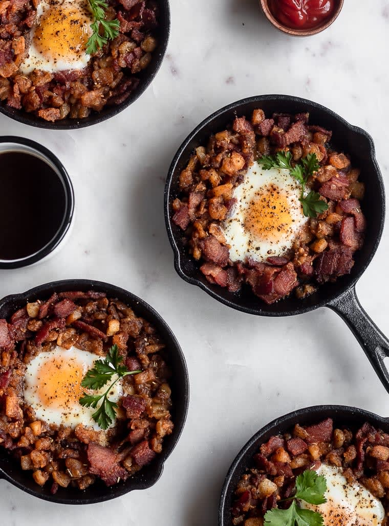 Bacon Hash Skillet With Runny Eggs & Harissa