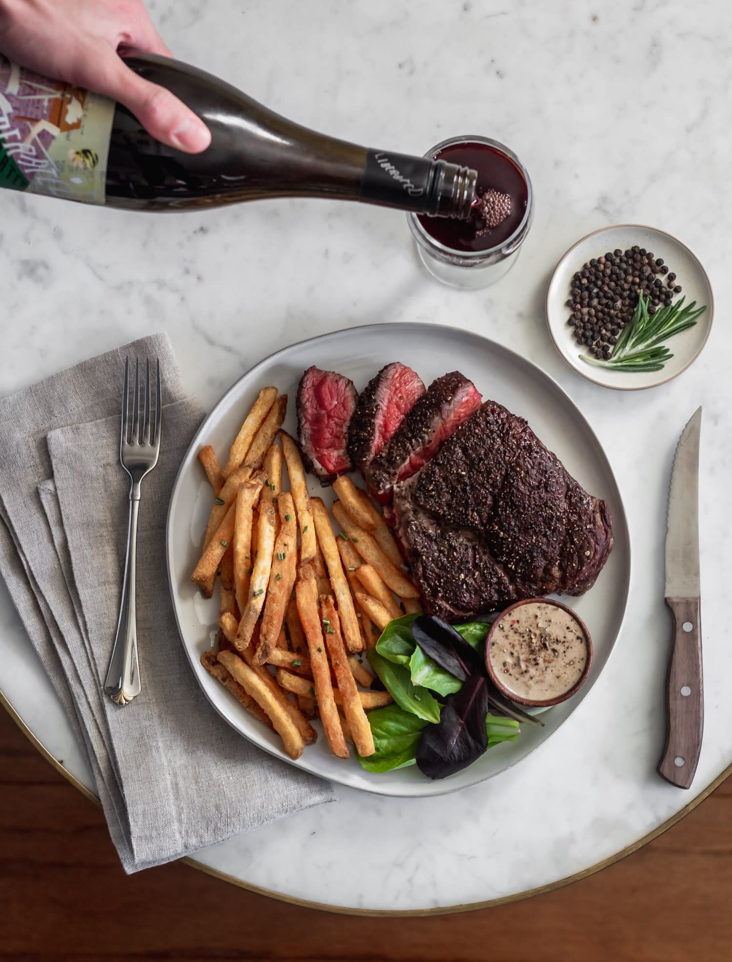 Reverse Seared Chuck Steak + Brandy Peppercorn Sauce