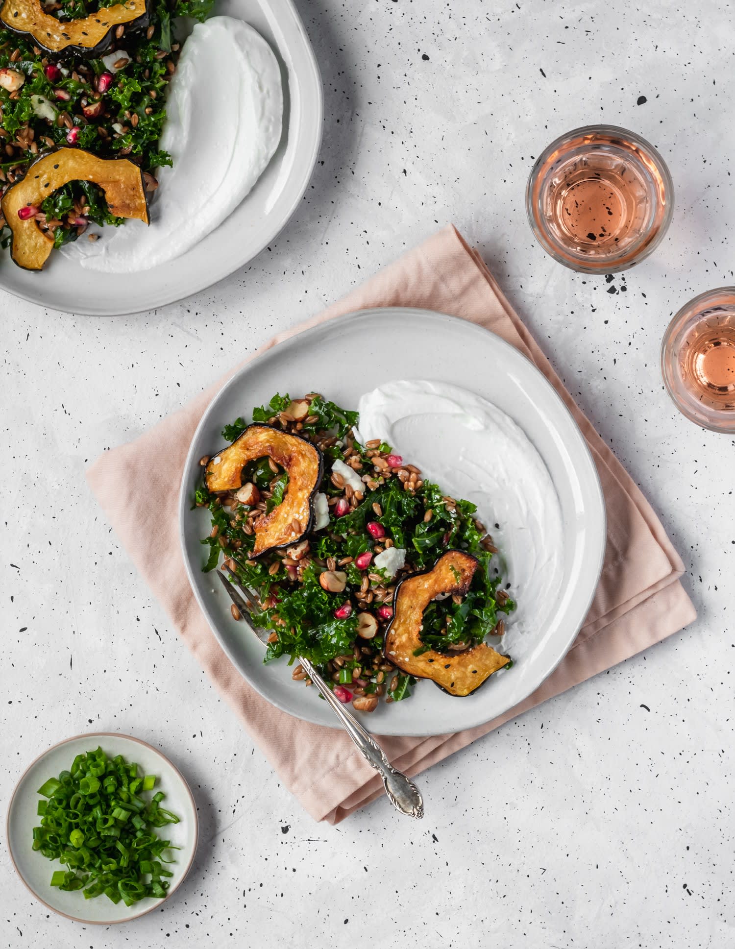 Farro Salad With Acorn Squash, Kale, + Pomegranate