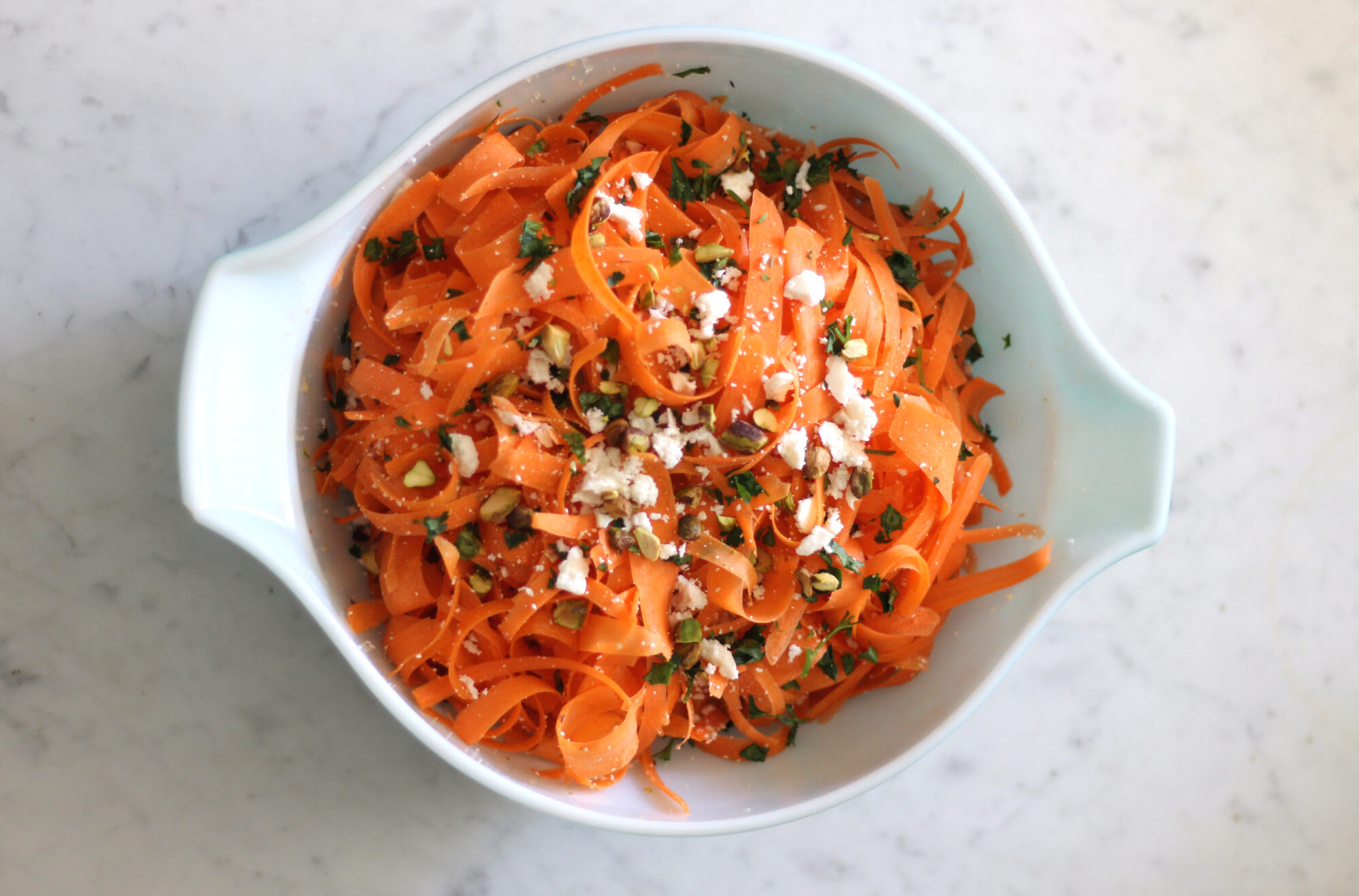 Carrot Salad With Pistachios + Queso Fresco + Shallot Dressing