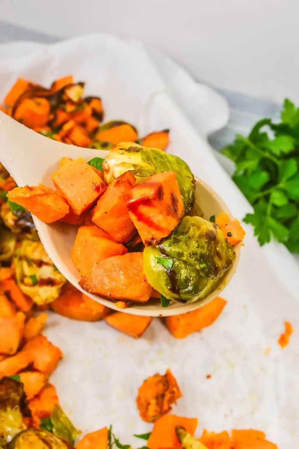 Roasted Sweet Potatoes with Brussel Sprouts