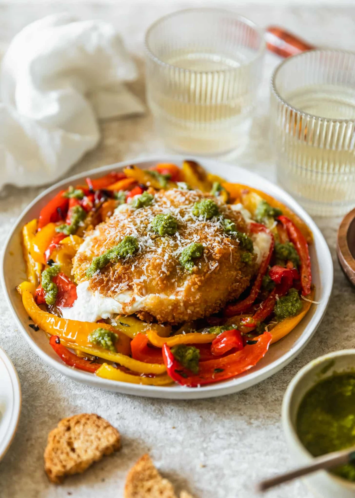 Fried Burrata With Roasted Peppers & Pesto