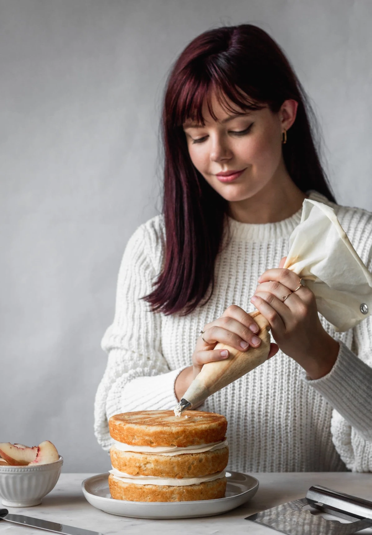 Vanilla Cake With Peach Filling & Caramelized White Chocolate Buttercream