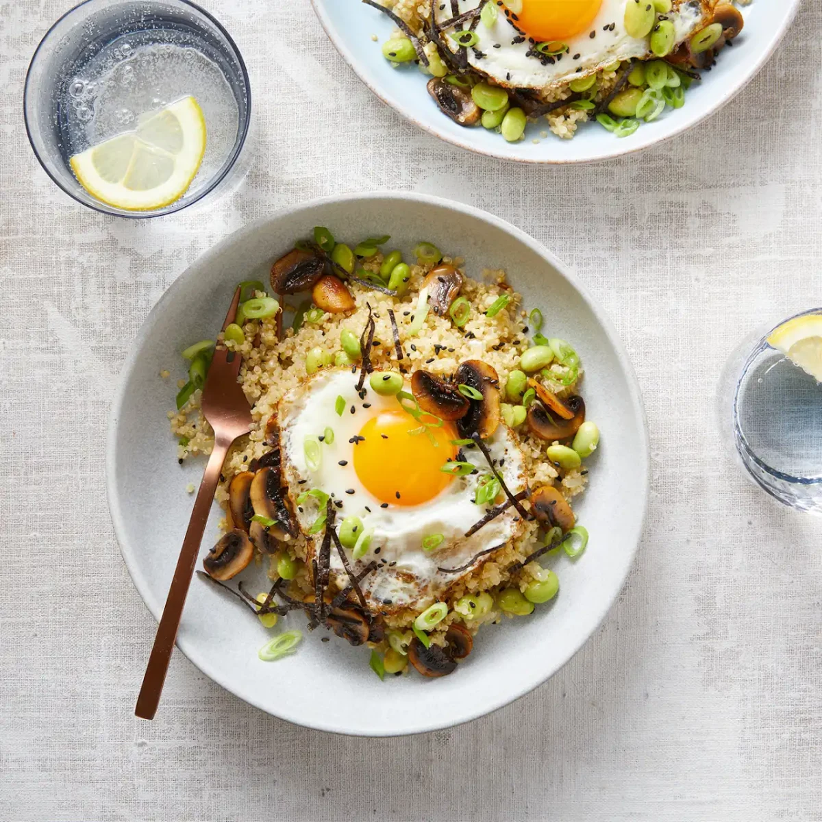 Sesame Fried Egg and Mushroom Quinoa Bowls