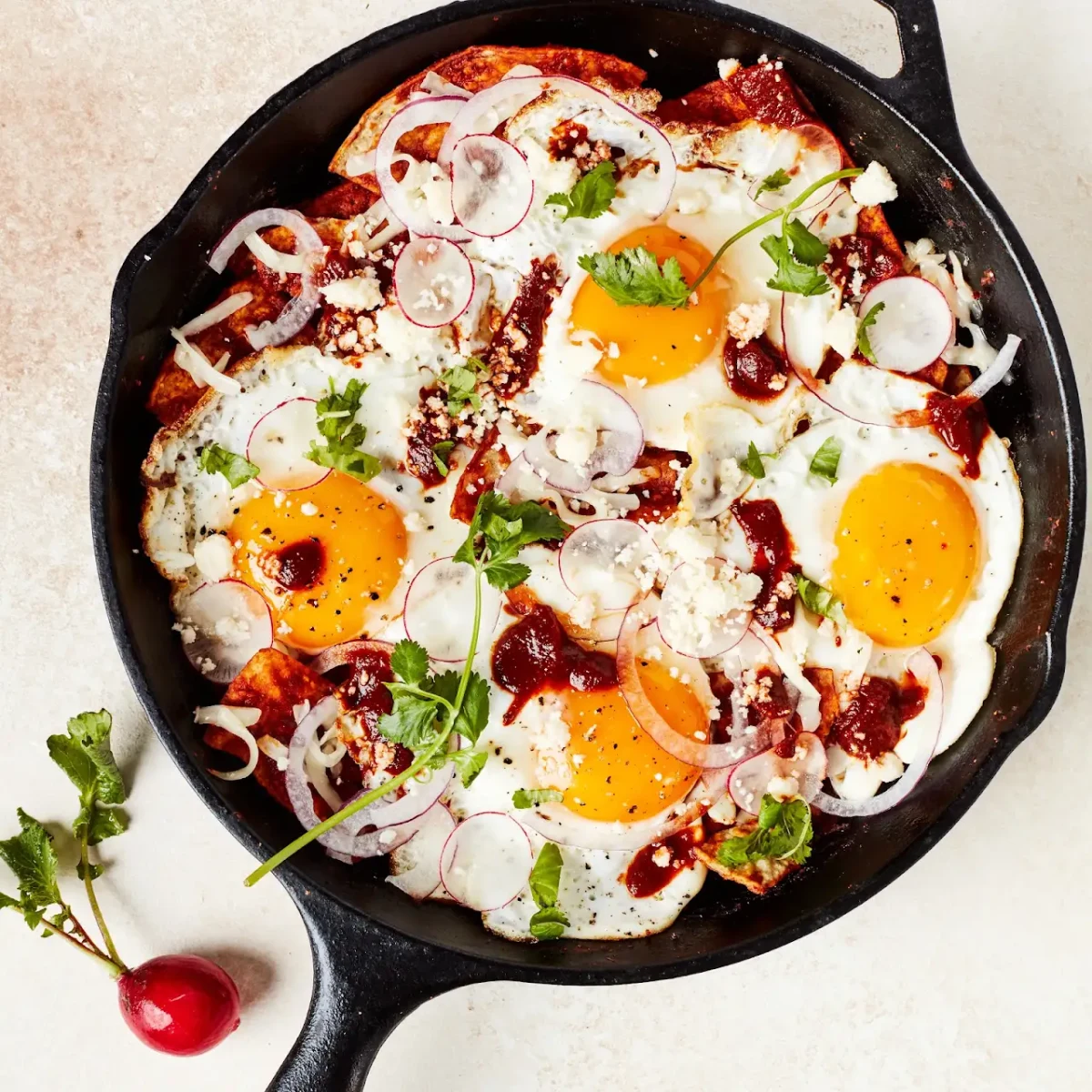 Red Chilaquiles with Fried Eggs