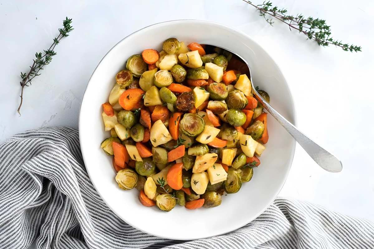Maple Thyme Roasted Brussels Sprouts, Carrots and Parsnips