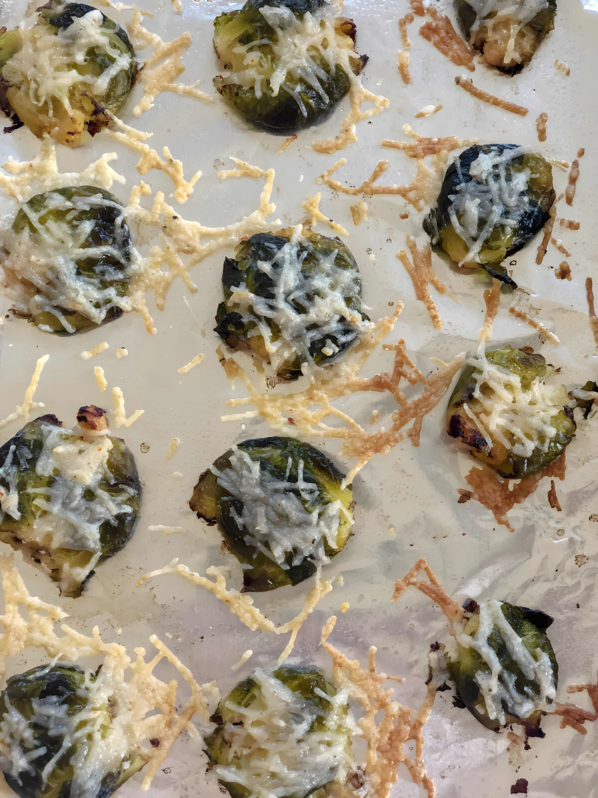 Smashed Brussels Sprouts with Vegan Cheese
