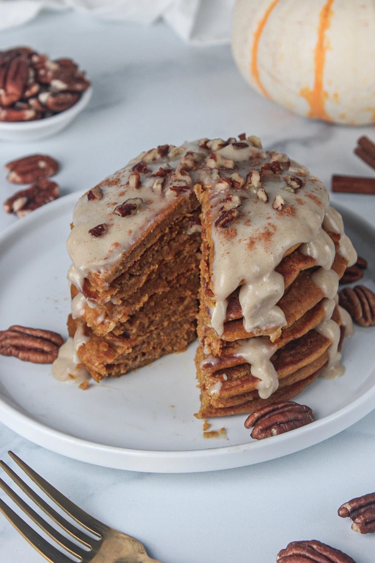 Pumpkin Protein Pancakes with Maple Cream Cheese Glaze (Vegan)