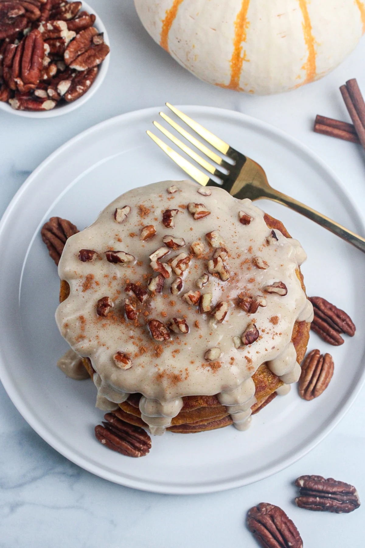 Pumpkin Protein Pancakes with Maple Cream Cheese Glaze (Vegan)