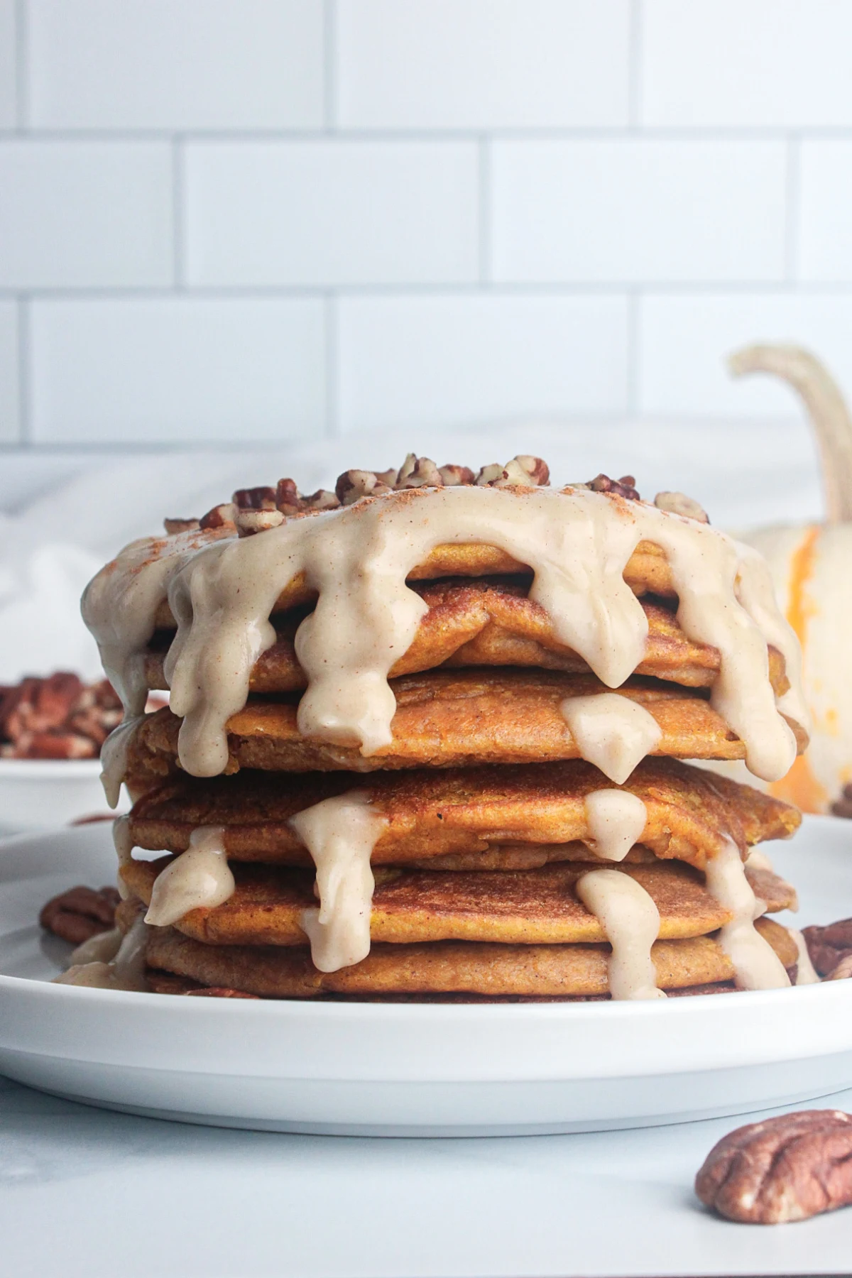 Pumpkin Protein Pancakes with Maple Cream Cheese Glaze (Vegan)