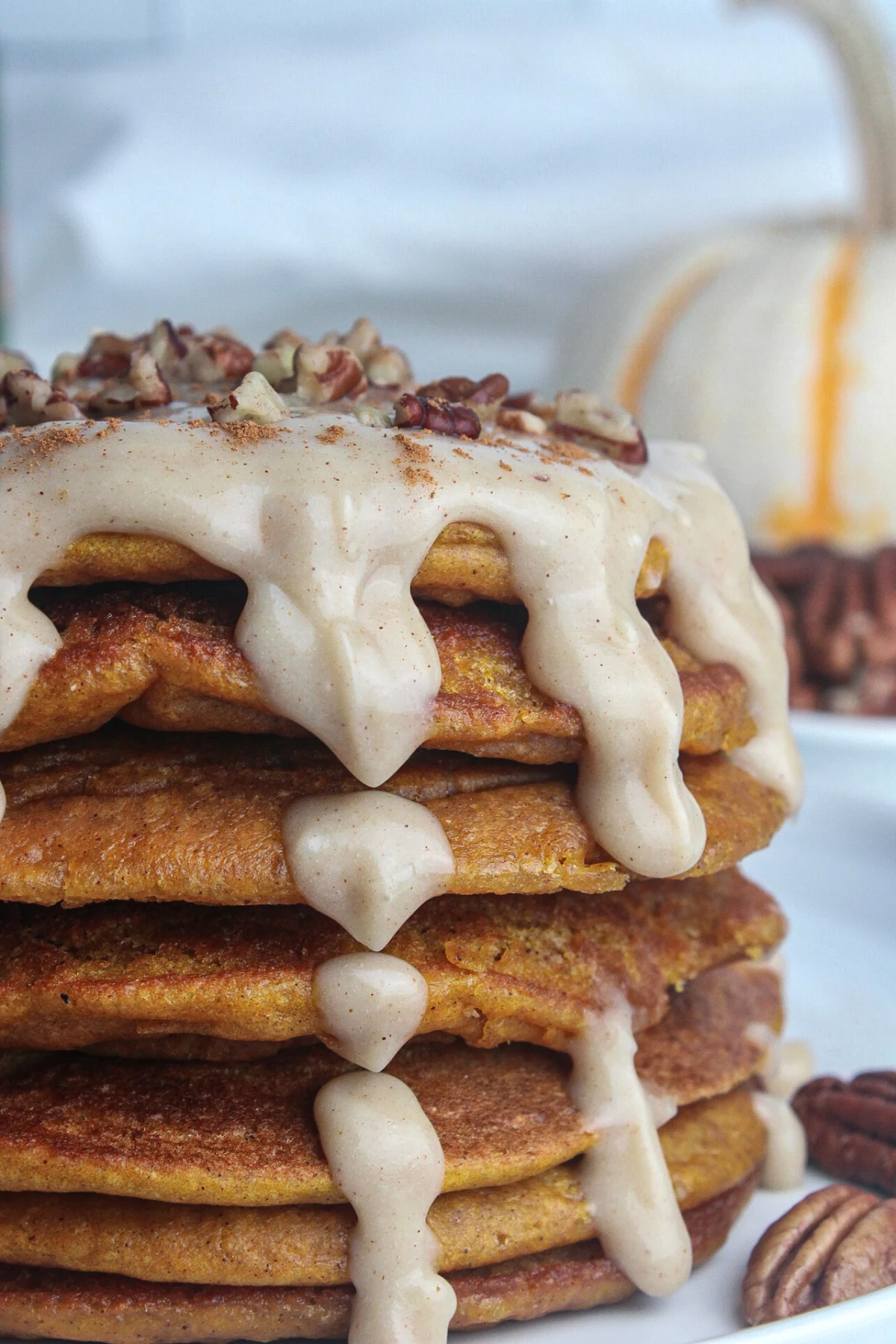 Pumpkin Protein Pancakes with Maple Cream Cheese Glaze (Vegan)