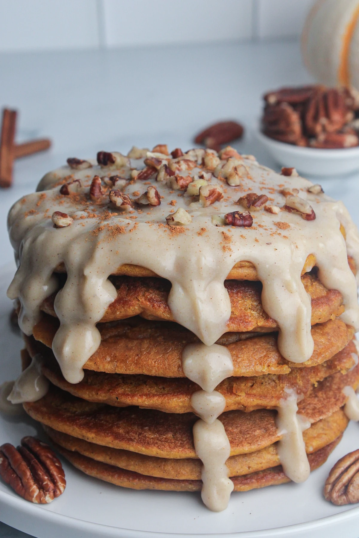 Pumpkin Protein Pancakes with Maple Cream Cheese Glaze (Vegan)