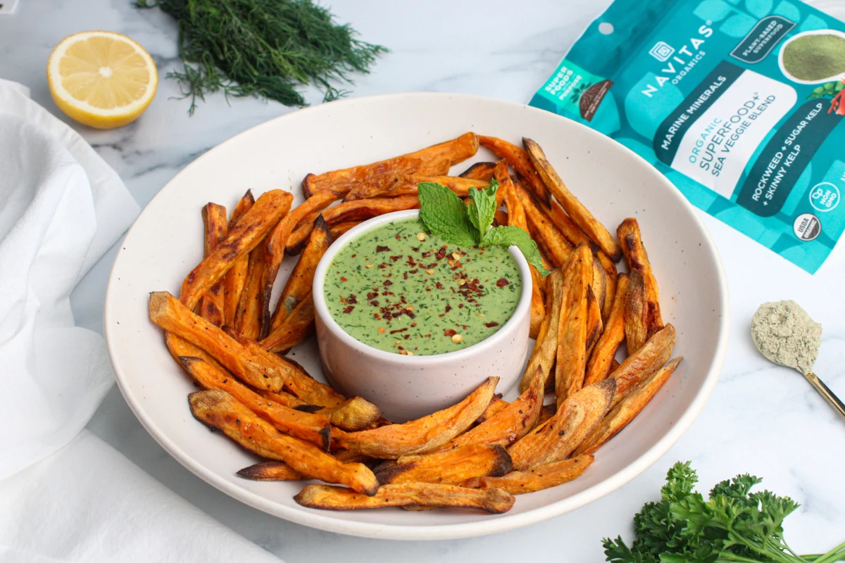 Baked Sweet Potato Fries with Green Goddess Dip