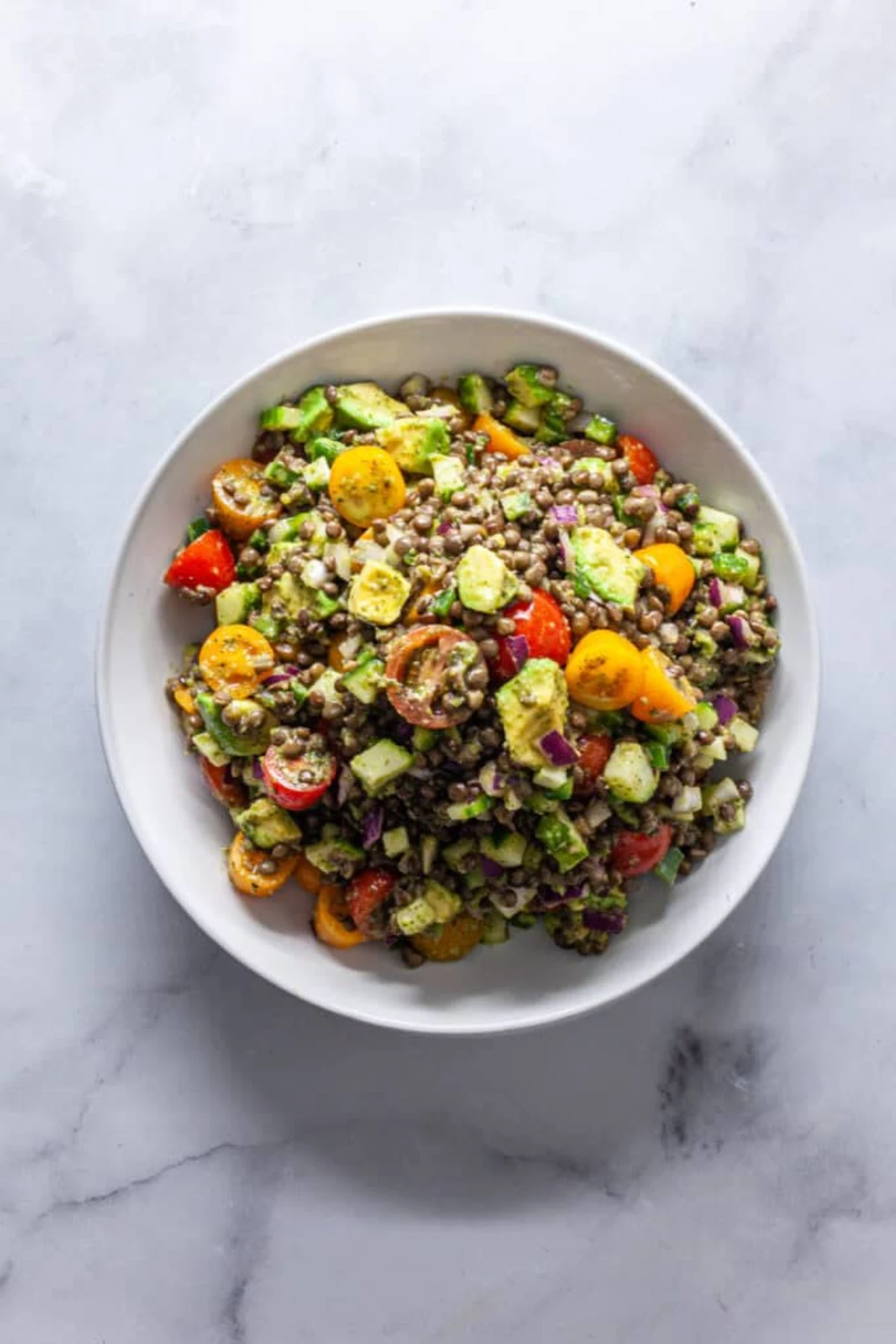 Lentil Salad with Avocado, Cherry Tomato, and Lime Cilantro Vinaigrette