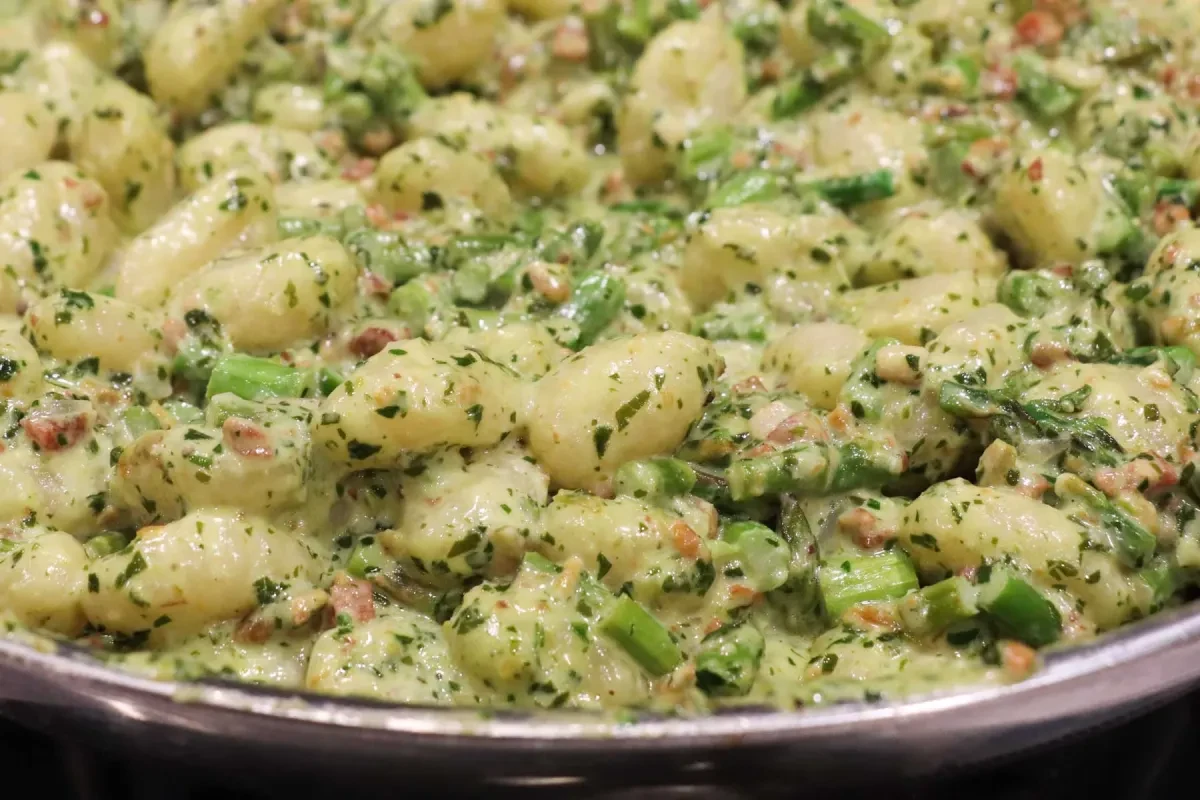 Gnocchi with Pesto Cream Sauce & Asparagus