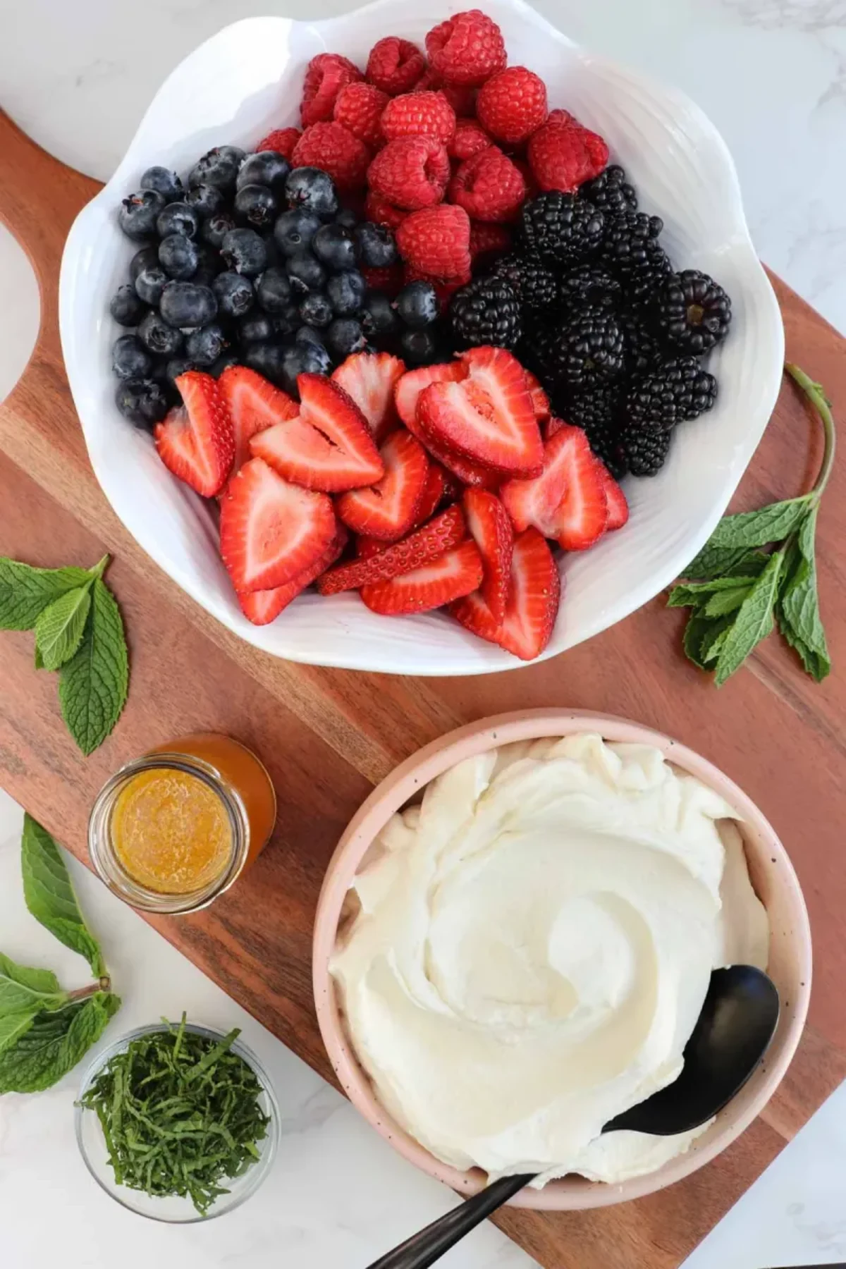 Berries and Cream with Mint and Honey Lemon Syrup