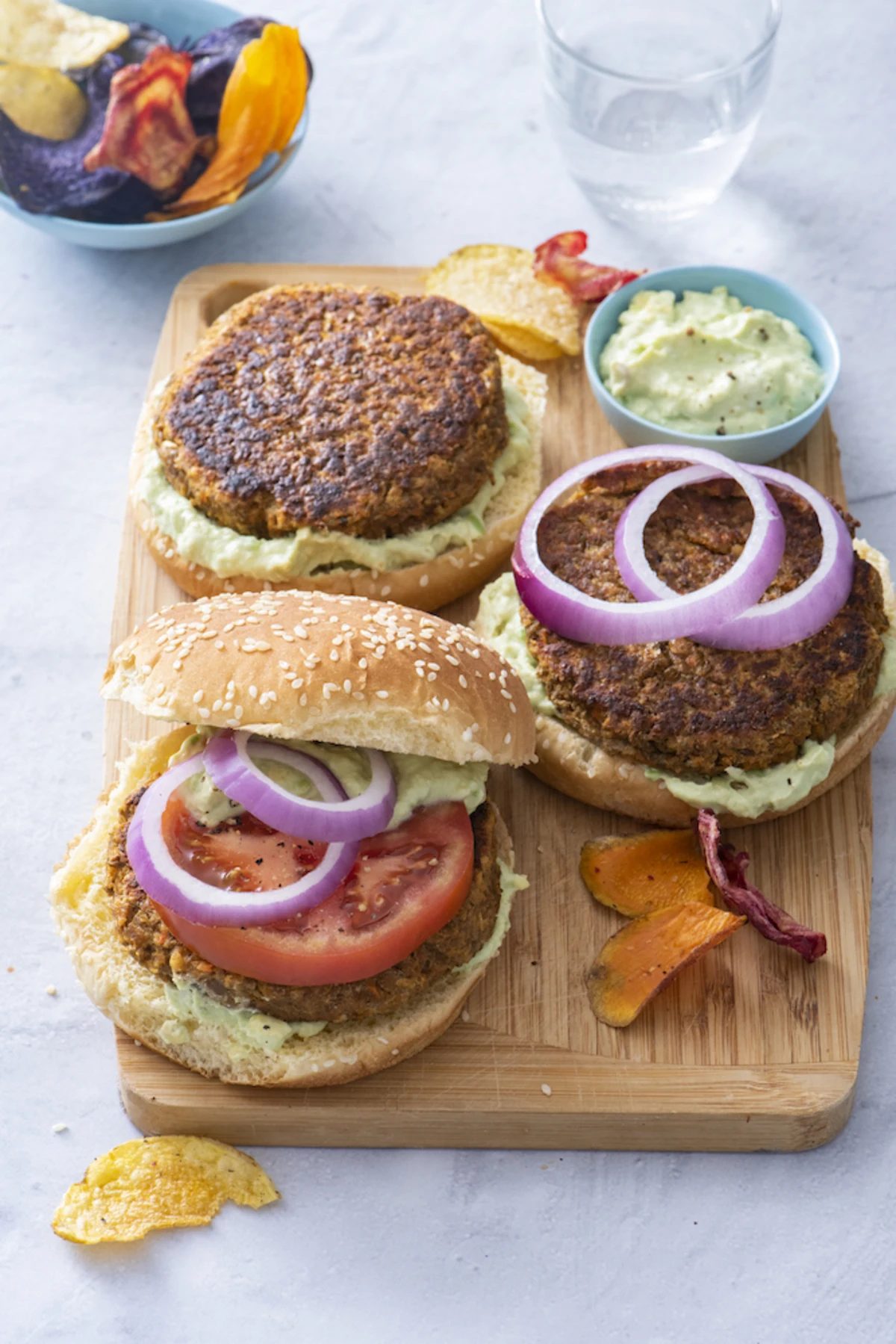 Lentil Chickpea Burgers with Avocado Yogurt Sauce
