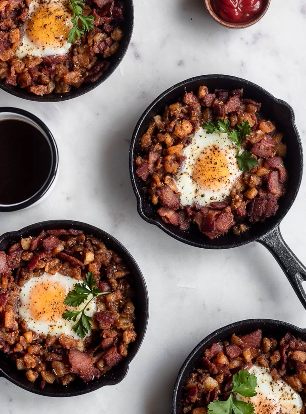 Bacon Hash Skillet With Runny Eggs & Harissa