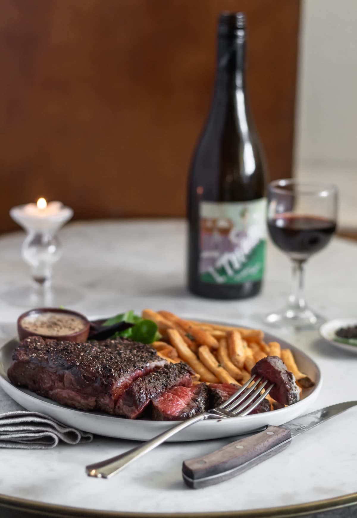 Reverse Seared Chuck Steak + Brandy Peppercorn Sauce