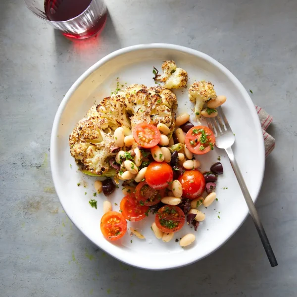 Za'atar-Roasted Cauliflower Steaks with Bean Salad cover