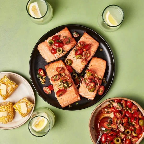 Grilled Salmon with Speedy Tomato-Olive Relish cover