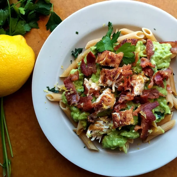 Avocado Cream Pasta with Chicken and Bacon cover