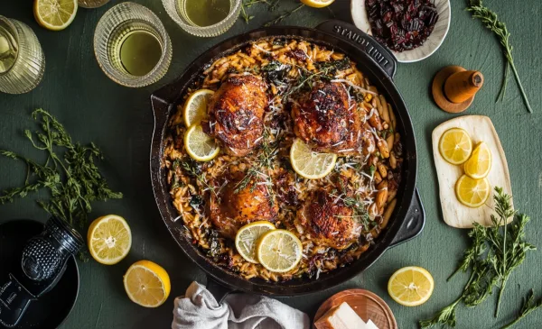 Creamy Tuscan Chicken And Orzo Skillet cover