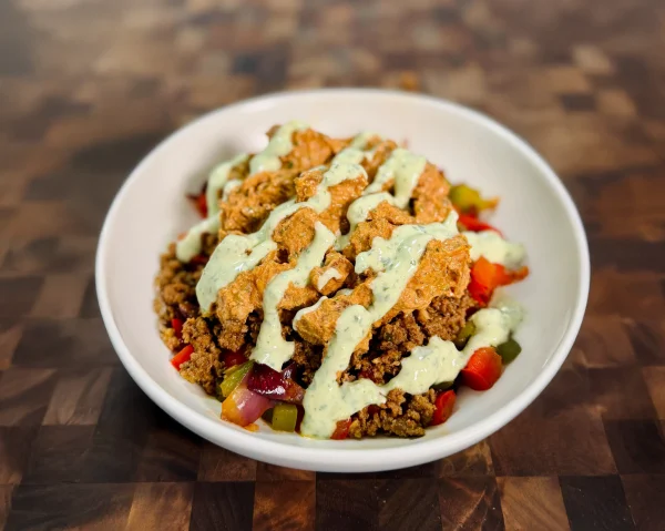 Creamy Beef & Potato Bowl with Spicy Cilantro Lime Crema cover