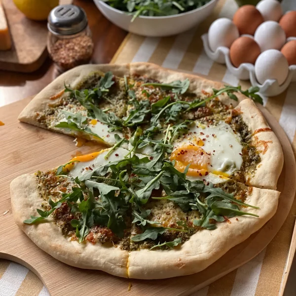 Egg and Arugula Pesto Pizza cover