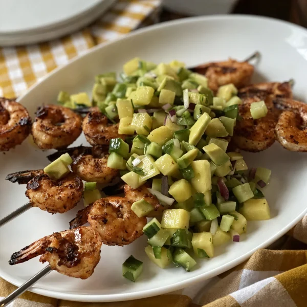 Grilled Shrimp Skewers with Pineapple, Cucumber & Avocado Salsa cover