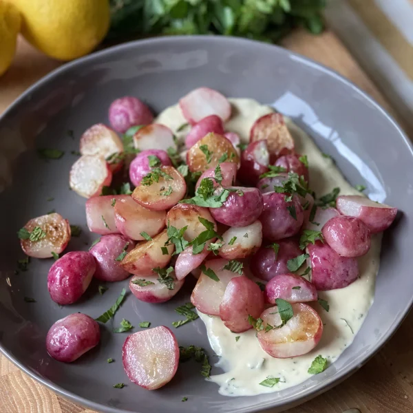 Roasted Radishes with Tahini Herb Sauce cover