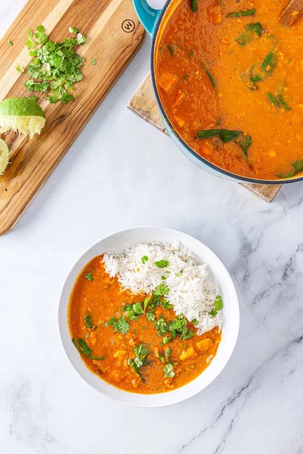 Red Curry Lentils with Sweet Potatoes and Spinach cover
