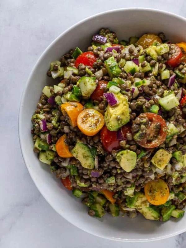Lentil Salad with Avocado, Cherry Tomato, and Lime Cilantro Vinaigrette cover